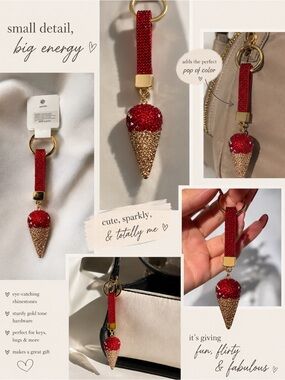 NWT Red Rhinestone Ice Cream Cone Keychain Bag Charm Glitter Gold Tone Cute